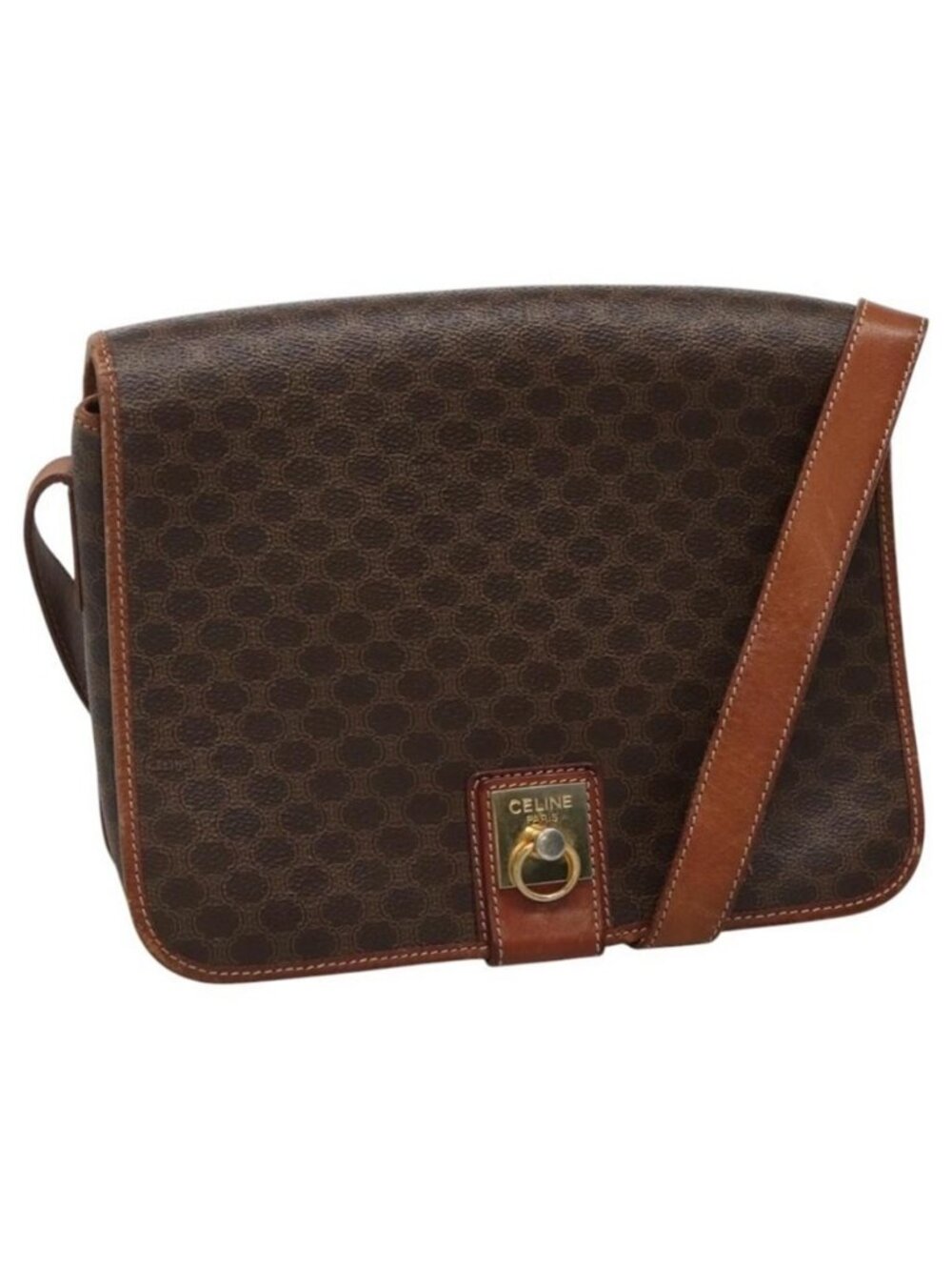 Authentic CELINE Macadam Canvas Shoulder Bag PVC Leather Brown